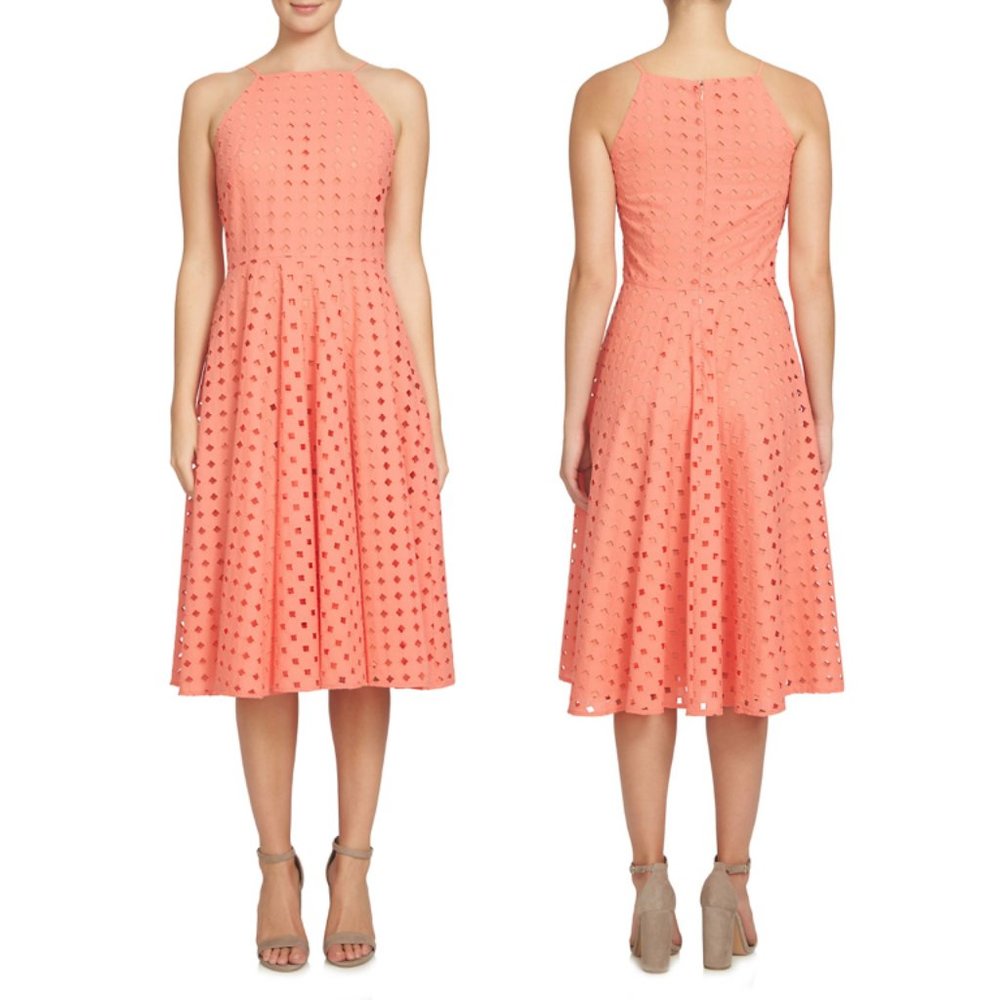 CeCe Nordstrom Square Neck Coral Petite Midi Fit and Flare Dress 0P